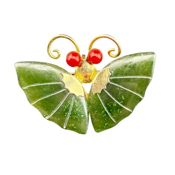 Estate Jewelry - Gold-Tone Jade Butterfly Brooch With Coral Accents Elegant Vintage Design